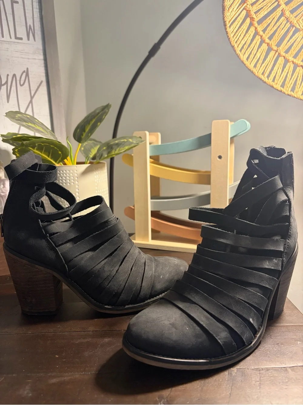 Free People Black Strappy Cutout Block Heel Booties